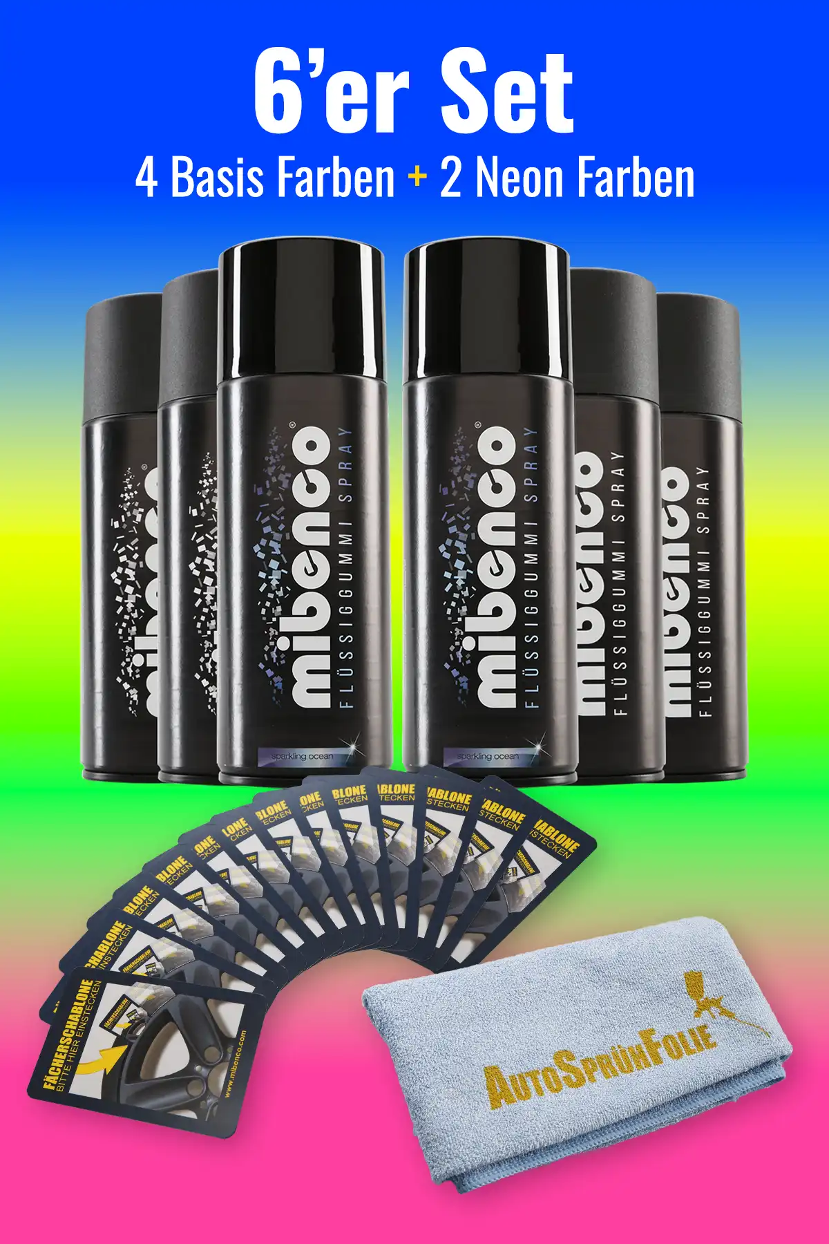 Neon Farben - 6er Set + gratis Fächerschablone und Microfasertuch Neon Farben - 6er Set + gratis Fächerschablone und Microfasertuch